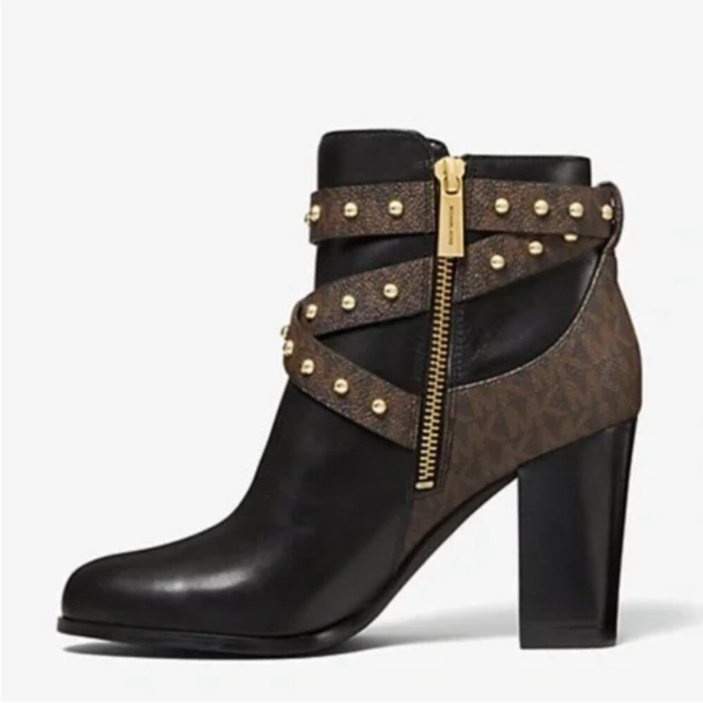 Michael Kors Black and Brown Booties with Gold Accents